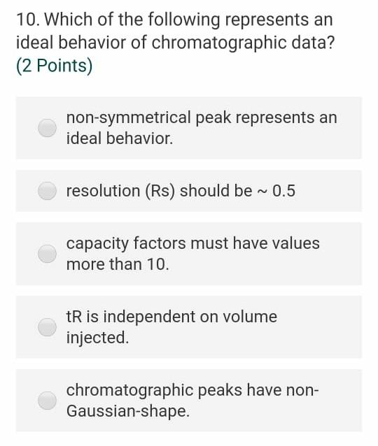 10 Which Of The Following Represents An Ideal Behavior Of Chromatographic Data 2 Points Non Symmetrical Peak Represe 1