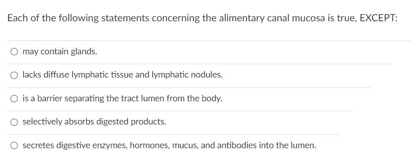 Each Of The Following Statements Concerning The Alimentary Canal Mucosa Is True Except May Contain Glands Lacks Diffu 1