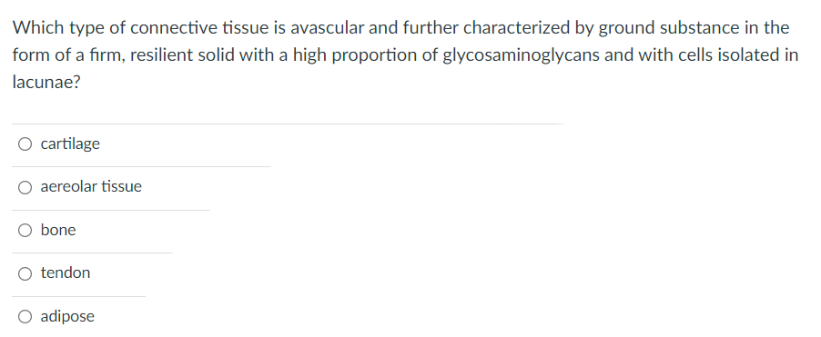 Which Type Of Connective Tissue Is Avascular And Further Characterized By Ground Substance In The Form Of A Firm Resili 1
