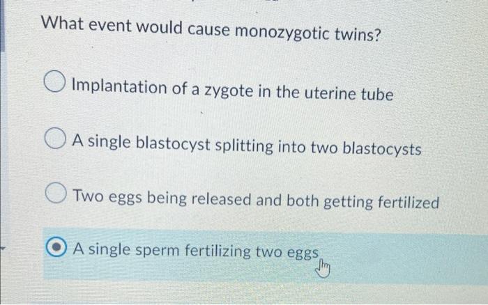What Event Would Cause Monozygotic Twins Implantation Of A Zygote In The Uterine Tube A Single Blastocyst Splitting Int 1