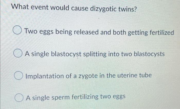 What Event Would Cause Dizygotic Twins Two Eggs Being Released And Both Getting Fertilized A Single Blastocyst Splittin 1