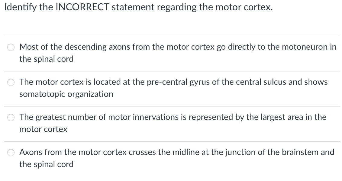 Identify The Incorrect Statement Regarding The Motor Cortex Most Of The Descending Axons From The Motor Cortex Go Direc 1