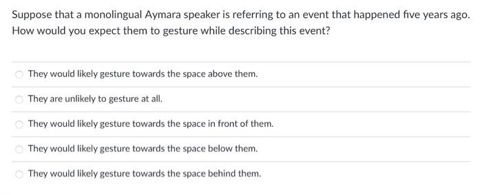 Suppose That A Monolingual Aymara Speaker Is Referring To An Event That Happened Five Years Ago How Would You Expect Th 1