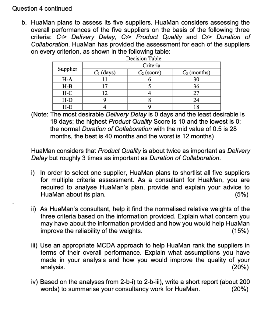 Question 4 Continued B Huaman Plans To Assess Its Five Suppliers Huaman Considers Assessing The Overall Performances O 1