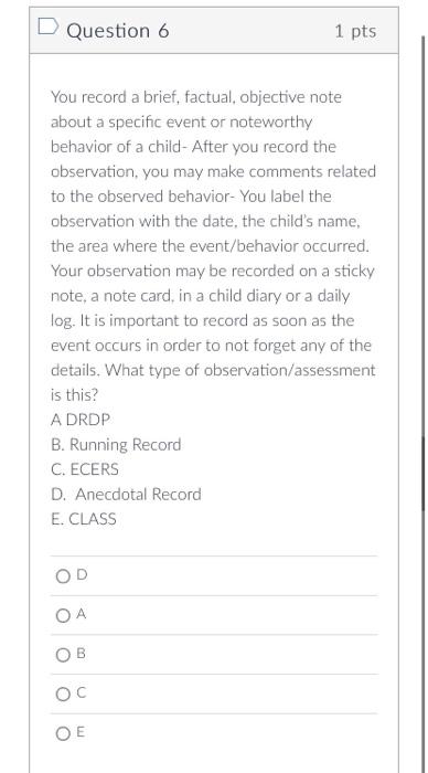 D Question 5 1 Pts The Is A Collection Of A Child S Achievements And Providing Meaningful Assessments For Educators Pa 2