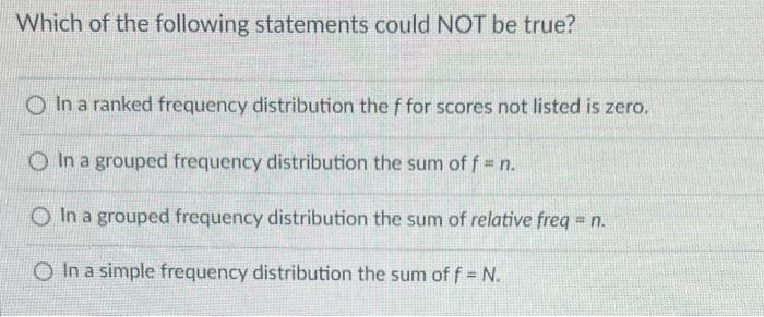 Which Of The Following Statements Could Not Be True In A Ranked Frequency Distribution The F For Scores Not Listed Is Z 1