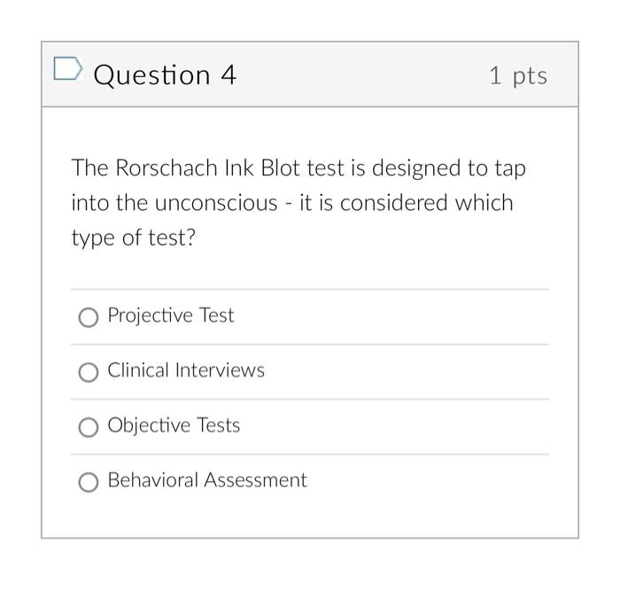 Question 4 1 Pts The Rorschach Ink Blot Test Is Designed To Tap Into The Unconscious It Is Considered Which Type Of Te 1