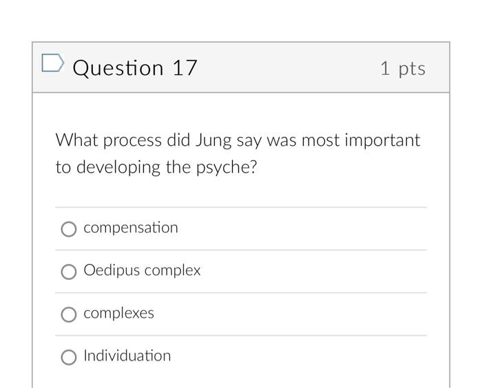 Question 17 1 Pts What Process Did Jung Say Was Most Important To Developing The Psyche Compensation Oedipus Complex Co 1