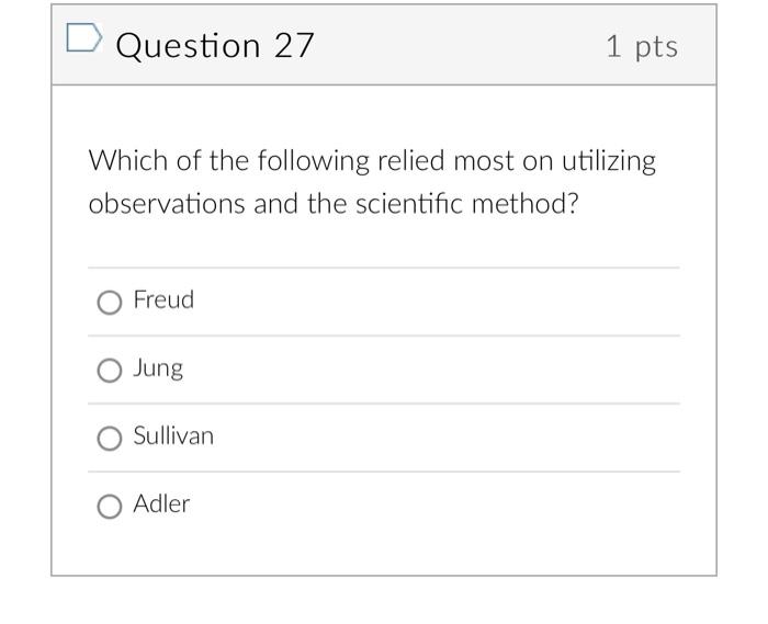 Question 27 1 Pts Which Of The Following Relied Most On Utilizing Observations And The Scientific Method Freud Jung O S 1