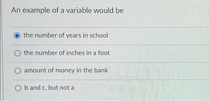 An Example Of A Variable Would Be The Number Of Years In School O The Number Of Inches In A Foot Amount Of Money In The 1