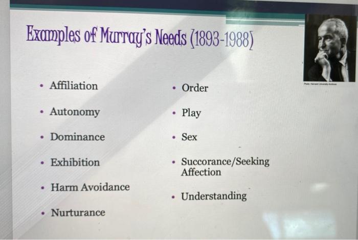 Examples Of Murray S Needs 1893 1988 Affiliation Order Autonomy Play Dominance Sex Exhibition Succor 1