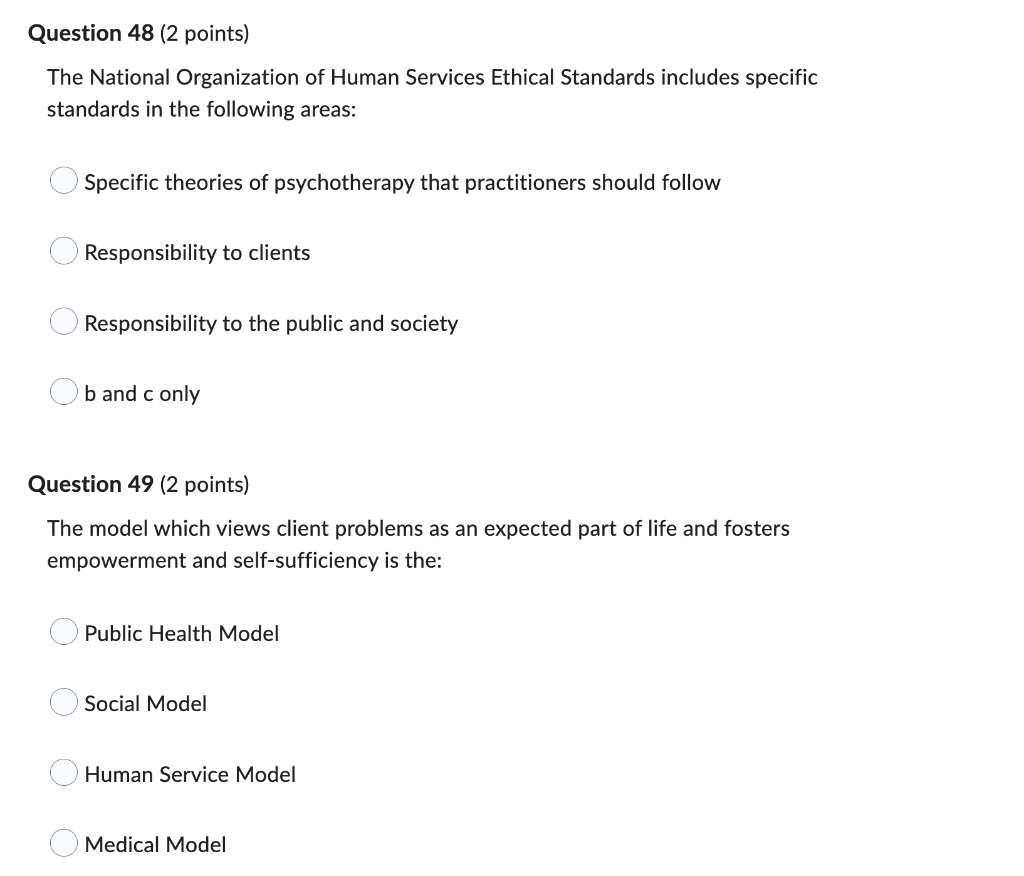 Question 48 2 Points The National Organization Of Human Services Ethical Standards Includes Specific Standards In The 1