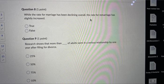 3 9 12 15 Question 8 1 Point While The Rate For Marriage Has Been Declining Overall The Rate For Remarriage Has Sli 1