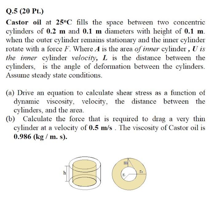 Q 5 20 Pt Castor Oil At 25 C Fills The Space Between Two Concentric Cylinders Of 0 2 M And 0 1 M Diameters With Heigh 1