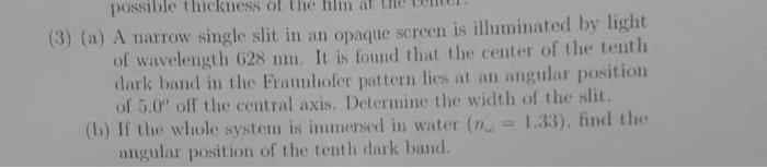 Possible Thickness Of The 3 A A Narrow Single Slit In An Opaque Screen Is Illuminated By Light Of Wavelength 628 Nm 1