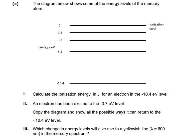 C The Diagram Below Shows Some Of The Energy Levels Of The Mercury Atom 0 Lonisation Level 1 6 3 7 Energy Ev 5 5 1