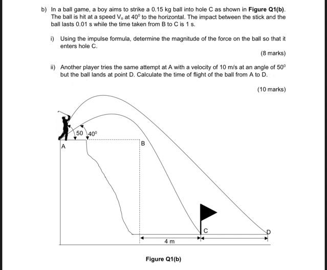 B In A Ball Game A Boy Aims To Strike A 0 15 Kg Ball Into Hole C As Shown In Figure Q1 B The Ball Is Hit At A Speed 1