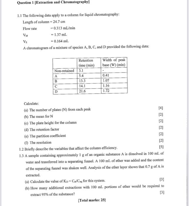 Question 1 Extraction And Chromatography 1 1 The Following Data Apply To A Column For Liquid Chromatography Length Of 1