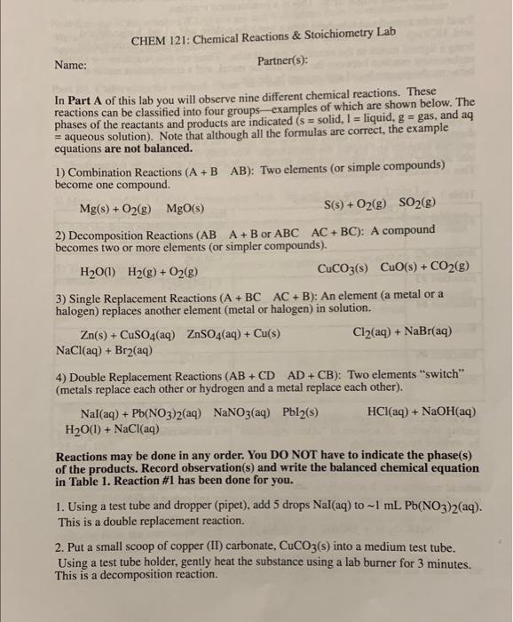 Chem 121 Chemical Reactions Stoichiometry Lab Name Partner S In Part A Of This Lab You Will Observe Nine Different 1