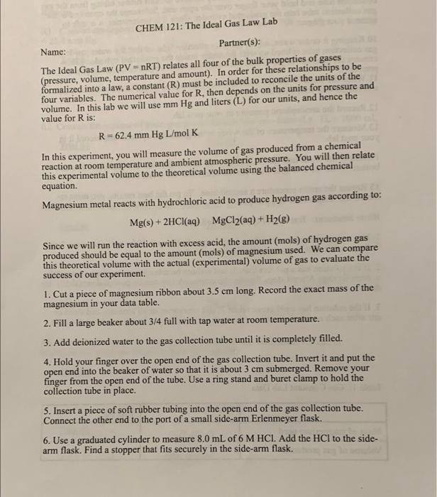 Chem 121 The Ideal Gas Law Lab Name Partner S The Ideal Gas Law Pv Nrt Relates All Four Of The Bulk Properties O 1