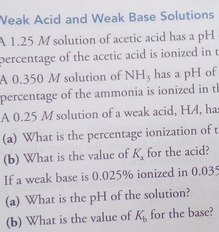 Veak Acid And Weak Base Solutions A 1 25 M Solution Of Acetic Acid Has A Ph Percentage Of The Acetic Acid Is Ionized In 1