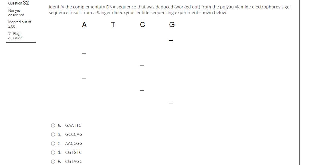 Question 32 Not Yet Answered Marked Out Of 3 00 Flag Question Identify The Complementary Dna Sequence That Was Deduced 1