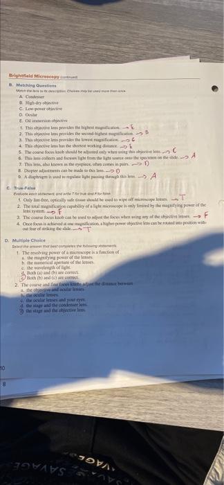Brightfald B Matching Questions Memy Te A Condesser High Dry Objec Clow Power Objective Do E O Imenov 1 This Objective 1