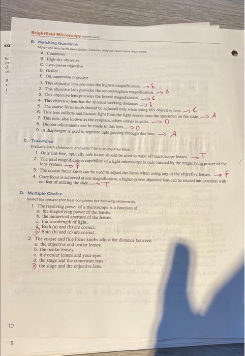 Exe Bo 283 In Ch Of 11 10 8 Brightfield Microscopy Coed B Matching Questions Motch The Lens To Its Description Choice 1