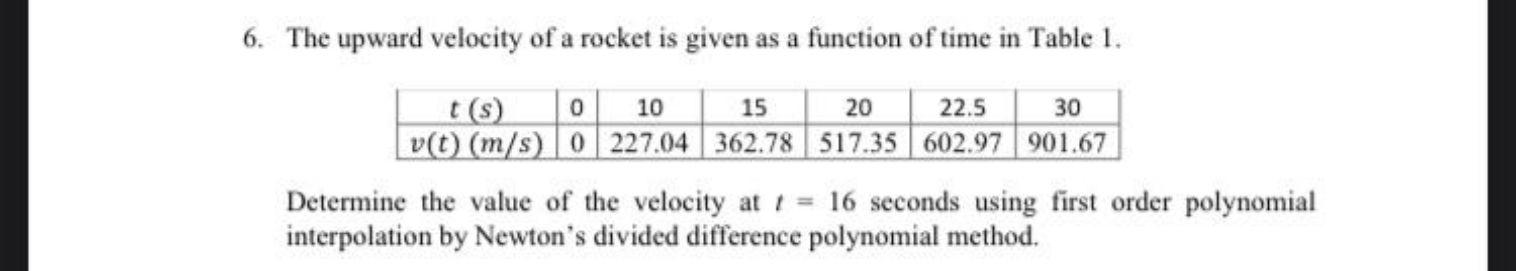 6 The Upward Velocity Of A Rocket Is Given As A Function Of Time In Table 1 T S 0 10 15 20 22 5 30 V T M S 0 227 0 1