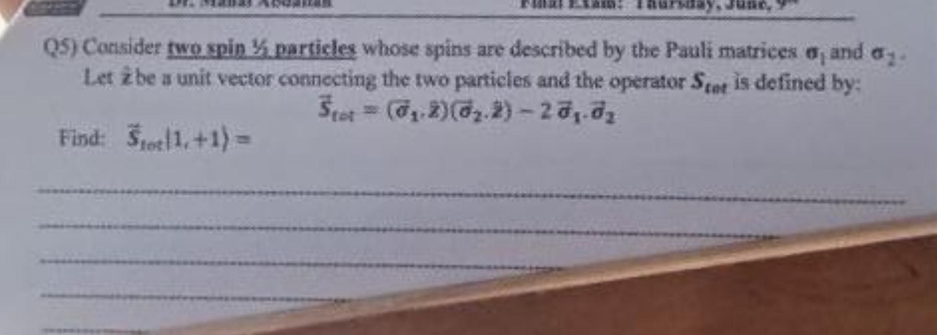 Q5 Consider Two Spin Particles Whose Spins Are Described By The Pauli Matrices O And A Let 2 Be A Unit Vector Connect 1