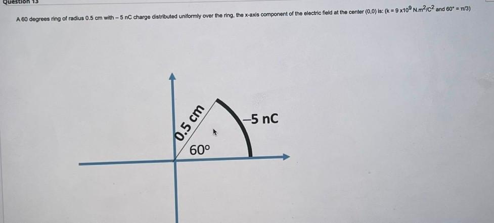 Question 13 A 60 Degrees Ring Of Radius 0 5 Cm With 5 Nc Charge Distributed Uniformly Over The Ring The X Axis Componen 1