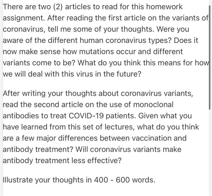 There Are Two 2 Articles To Read For This Homework Assignment After Reading The First Article On The Variants Of Coro 1
