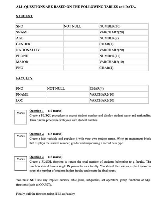 All Questions Are Based On The Following Tables And Data Student Sno Not Null Number 10 Varchar2 20 Sname Age Number 1