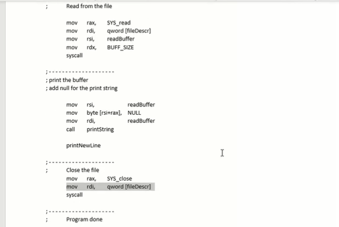 Read From The File Mov Rax Mov Rdi Mov Rsi Mov Rdx Syscall Sys Read Qword Filedescr Readbuffer Buff Size Print 1