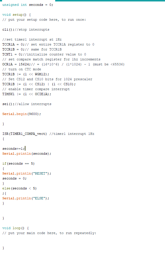 Unsigned Int Seconds 0 Void Setup Put Your Setup Code Here To Run Once Cli Stop Interrupts Set Timerl 1