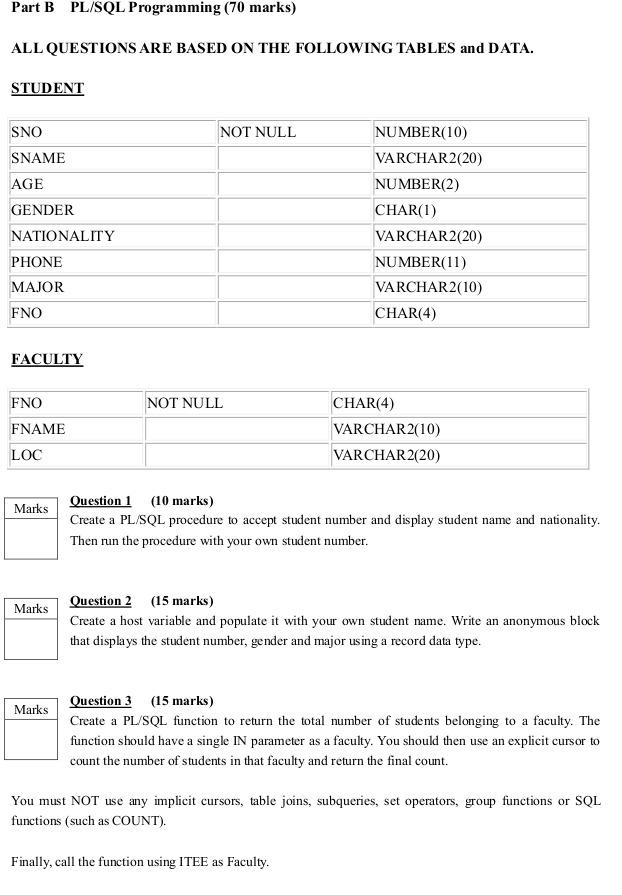 Part B Pl Sql Programming 70 Marks All Questions Are Based On The Following Tables And Data Student Sno Not Null Numb 1