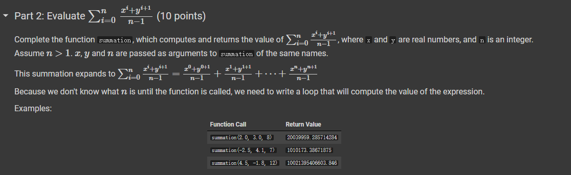 Part 2 Evaluate T Y I 0 N 1 20 10 Points Z 1 N Complete The Function Summation Which Computes And Returns T 1