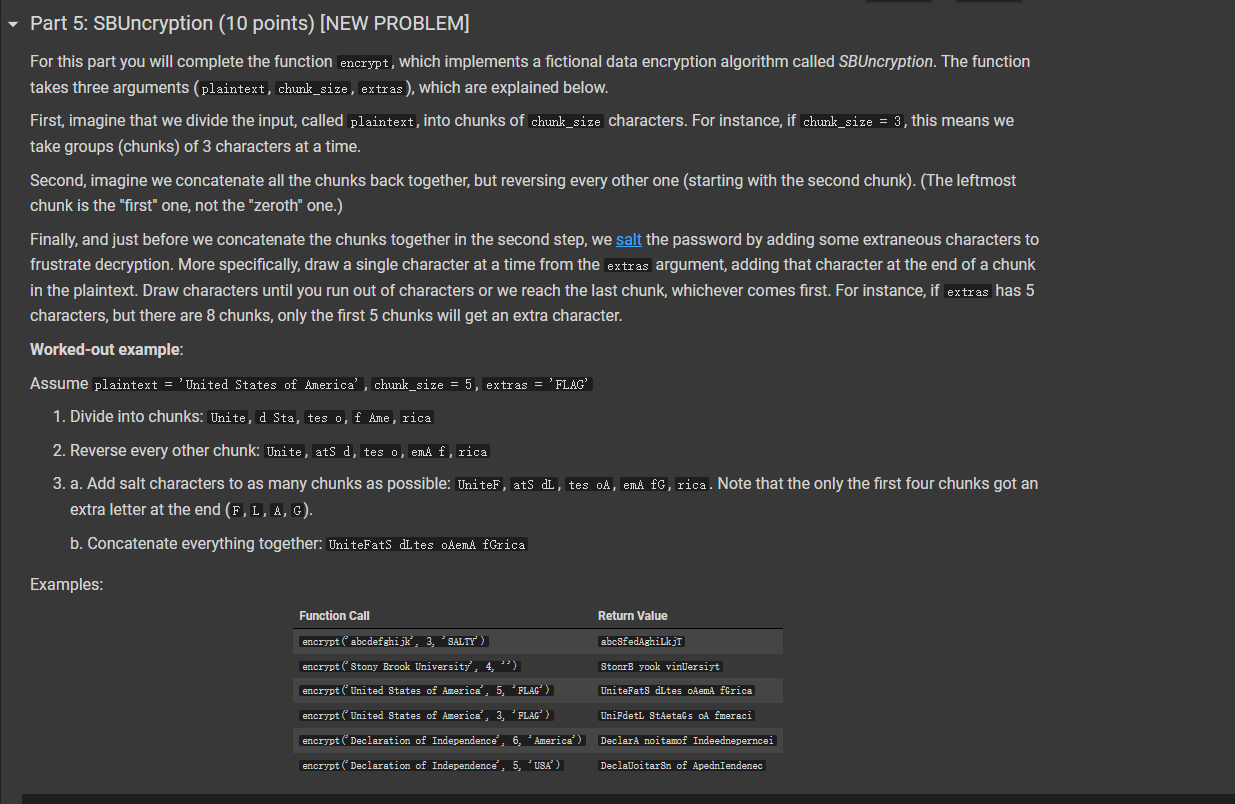 Part 5 Sbuncryption 10 Points New Problem For This Part You Will Complete The Function Encrypt Which Implements 1