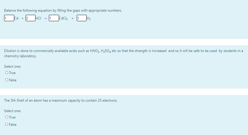 Balance The Following Equation By Filling The Gaps With Appropriate Numbers Hci Cdcl2 1 Cd 12 11 Dilution Is Done 1
