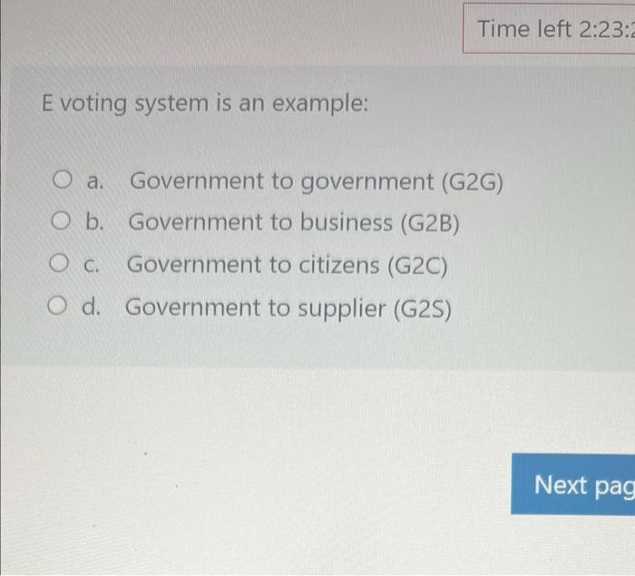 E Voting System Is An Example A O B Oc O D Time Left 2 23 2 Government To Government G2g Government To Business G 1