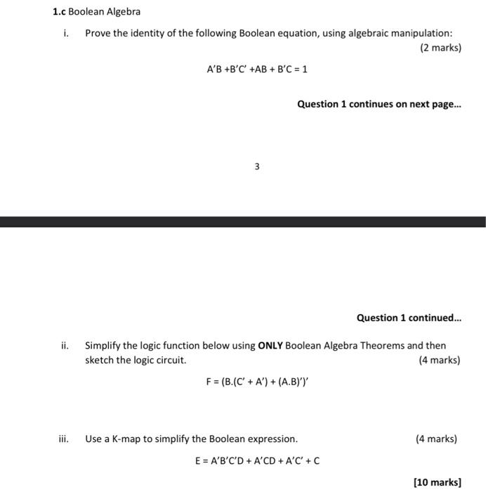 1 C Boolean Algebra I Prove The Identity Of The Following Boolean Equation Using Algebraic Manipulation 2 Marks A B 1