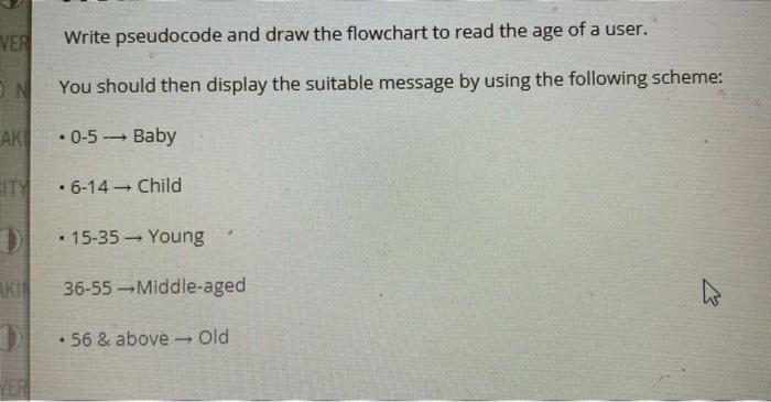 Ver Write Pseudocode And Draw The Flowchart To Read The Age Of A User On You Should Then Display The Suitable Message B 1