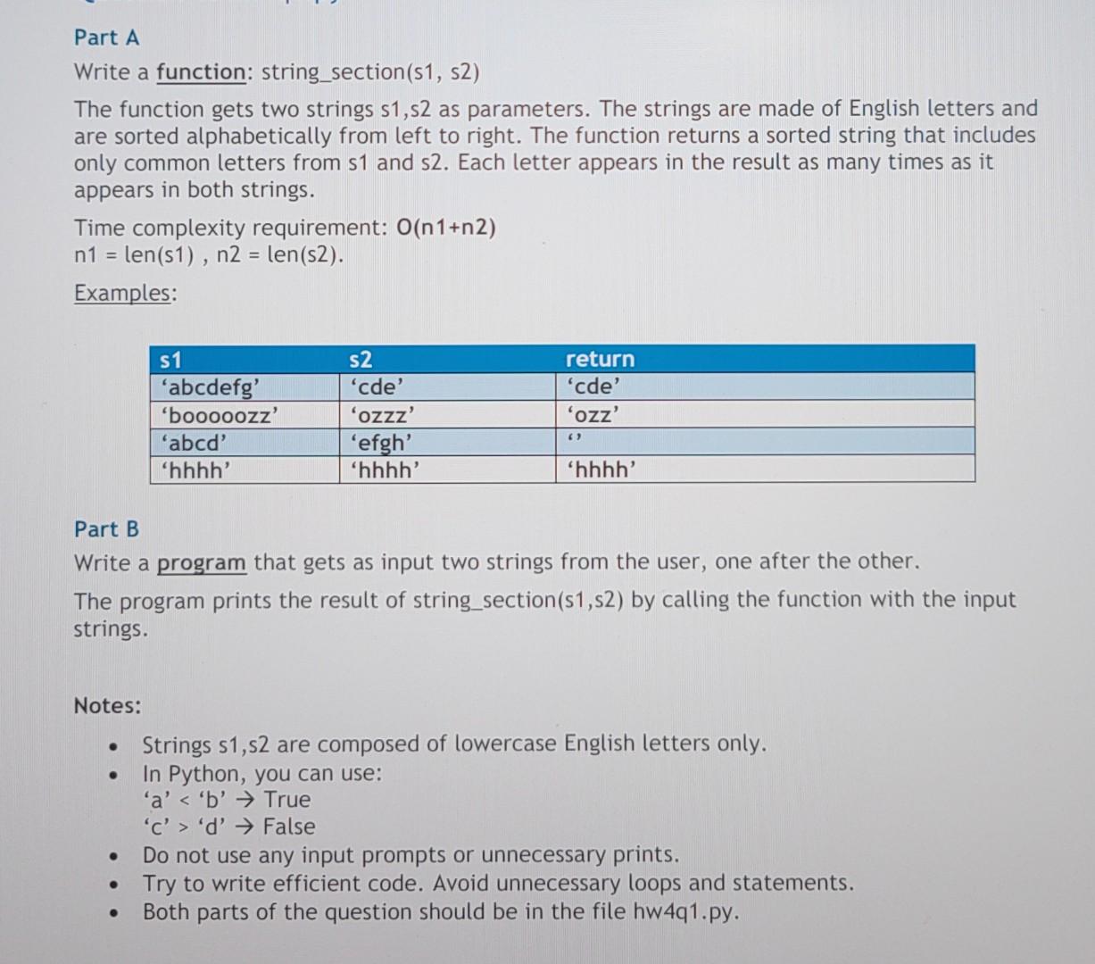 Part A Write A Function String Section S1 S2 The Function Gets Two Strings S1 S2 As Parameters The Strings Are Made 1