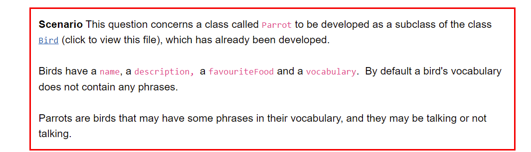 A Add The Class Parrot In The Answer Box Below Making It A Subclass Of Bird B Add A Private Instance Variable To T 1