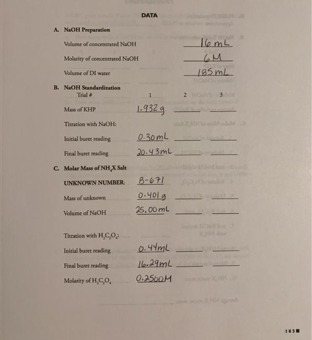 Data A Naoh Preparation Volume Of Concentrated Naoh Molarity Of Concentrated Naoh 16ml 6m 185ml Volume Of Di Water B N 1