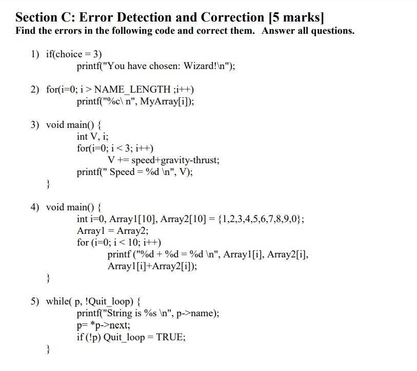 Section C Error Detection And Correction 5 Marks Find The Errors In The Following Code And Correct Them Answer All Q 1