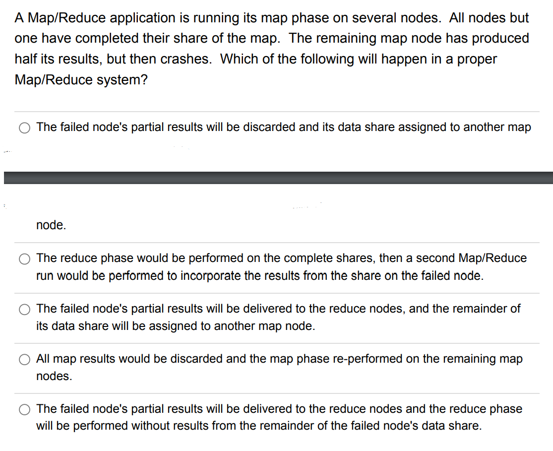 A Map Reduce Application Is Running Its Map Phase On Several Nodes All Nodes But One Have Completed Their Share Of The 1
