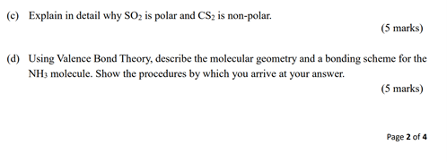 C Explain In Detail Why So2 Is Polar And Cs2 Is Non Polar 5 Marks D Using Valence Bond Theory Describe The Molec 1