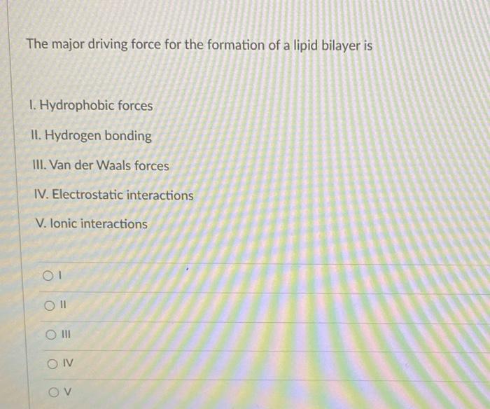 The Major Driving Force For The Formation Of A Lipid Bilayer Is I Hydrophobic Forces Ii Hydrogen Bonding Iii Van Der 1