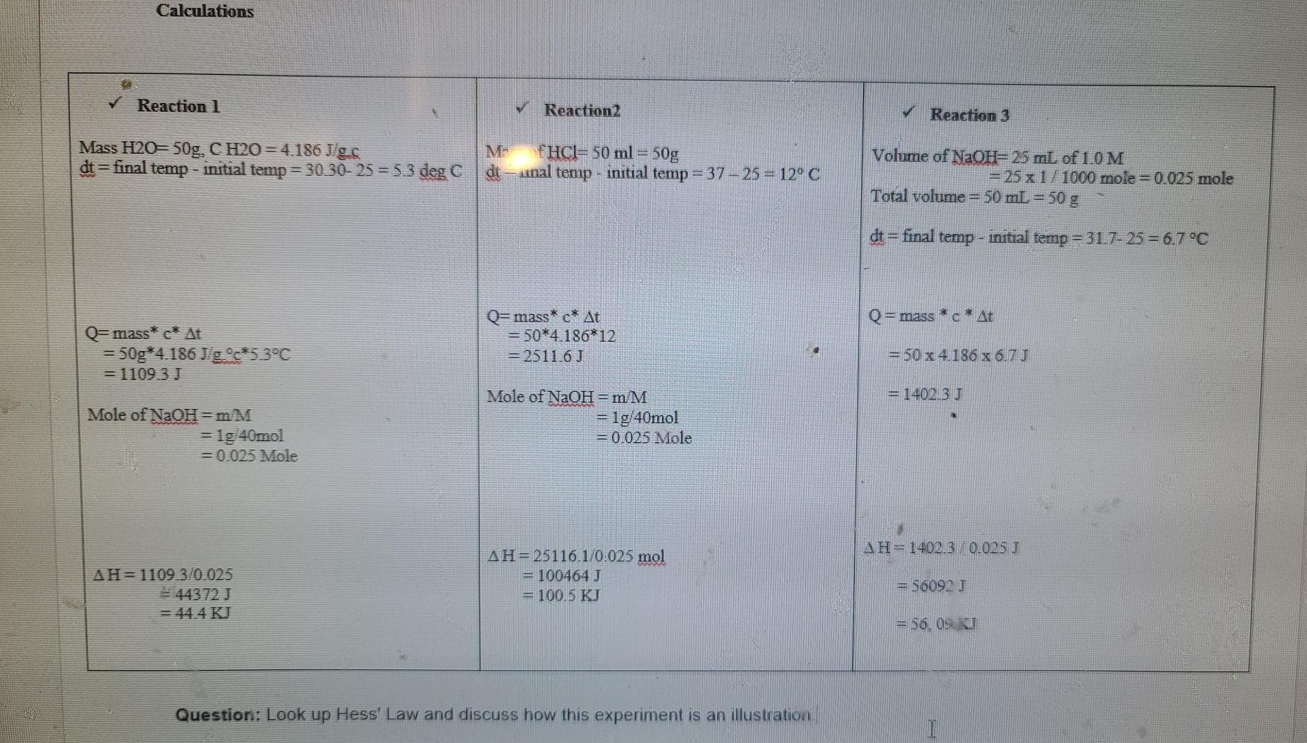 Calculations Reaction 1 Reaction2 Reaction 3 Mass H2o 50g C H2o 4 186 Tige Fhci 50 Ml 50g Dt Final Temp Init 1